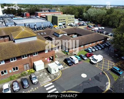 Fotografie aeree del Dipartimento di Psichiatria sul sito dell'Eastbourne District General Hospital a Eastbourne, East Sussex. Foto Stock