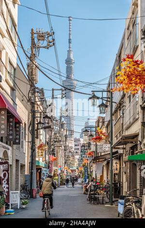 Scena stradale di una normale area residenziale ad Asakusa con la Skytree Tower sullo sfondo, Tokyo, Giappone Foto Stock