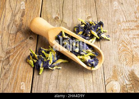 Lotto di clitoria ternatea secca intera in una paletta di legno su legno vecchio Foto Stock