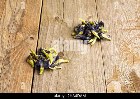 Lotto di intera clitoria ternatea secca su legno vecchio in due piccoli gruppi Foto Stock