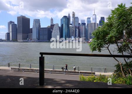 La vista del quartiere finanziario di Lower Manhattan e East River dal Granite Prospect a Brooklyn Bridge Park.Brooklyn.New York City.USA Foto Stock