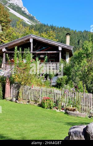 casa,austria,tirolo,montagna kaiser,vicino scheffau,wegscheid,natura,alpi,montagne,montagne,regione alpina,prato,foresta,verde,destinazione,regione di vacanza,paradiso,giardino blu,recinzione, Foto Stock