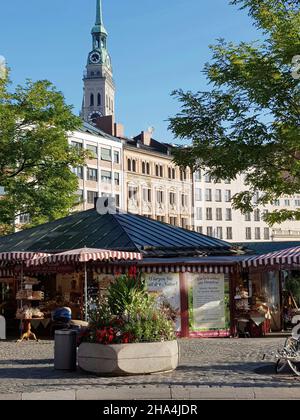 viktualienmarkt, il più grande mercato di monaco, la torre della chiesa di san pietro, bancarelle, la città vecchia, Foto Stock