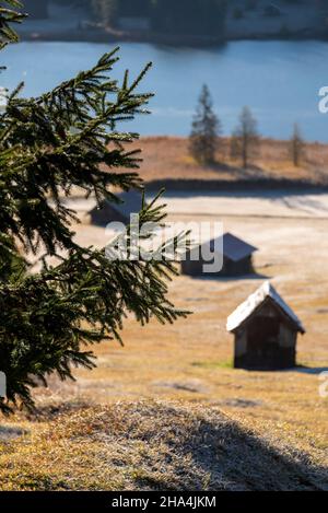 fienile di fieno al geroldsee, hoarfrost su prati humpback vicino a klais, werdenfelser terra, baviera, germania Foto Stock