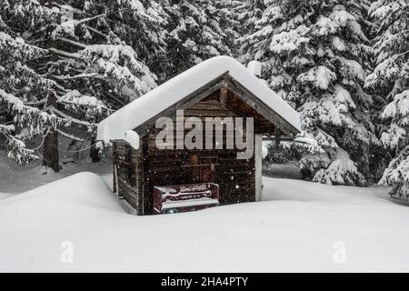 Capanna nella neve, Alpi del Chiemgau, Ruhpolding, Baviera, Germania Foto Stock