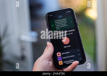 L'app NHS Covid-19 conta i giorni rimanenti di isolamento dopo un test positivo, mostrando 7 giorni rimanenti per isolare. Foto Stock