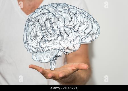 Ologramma di un 3D rendering di un ologramma cerebrale sul palmo di un ingegnere informatico Foto Stock