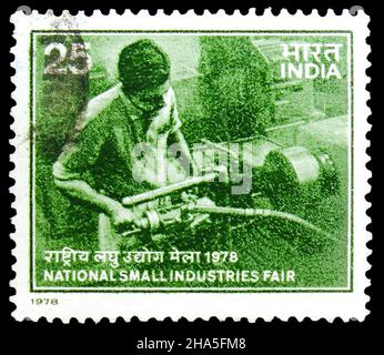 MOSCA, RUSSIA - 4 NOVEMBRE 2021: Francobollo stampato in India mostra National Small Industries Fair, New Delhi, circa 1978 Foto Stock