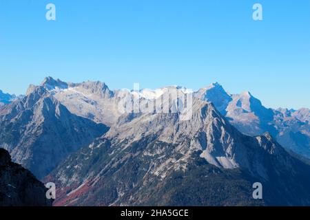 vista dalla stazione di karwendel, karwendelbahn alle montagne di wetterstein, con wetterstein, wettersteinspitzen, alpspitze, zugspitze, wetterstein massiccio in primo piano la grünkopf sopra mittenwald, di fronte al cielo blu, germania, baviera, alta baviera, Foto Stock