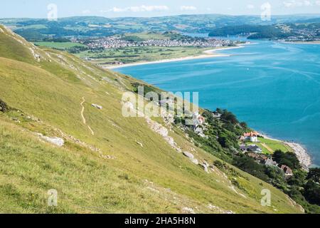 Views,from,Great Orme,on,a,calm,Sunny,July,blue Sky day,Great Orme,Llandudno,Coast,Coast,Town,North,Wales,Welsh,view,Viewpoint,over,Conway,River Conway,estuario,Conway County,Conway,North,Wales,North Wales,Great Britain,GB,Britain,British,UK,United Kingdom, Foto Stock