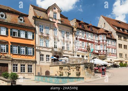 fontana di pesce e pillory sulla piazza del mercato, schwaebisch hall, hohenlohe, baden-wuerttemberg, germania Foto Stock