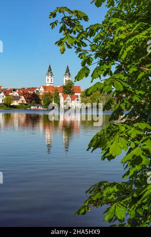 lago della città (stadtsee) e collegiata sankt peter, bad waldsee, alta svevia, baden-wuerttemberg, germania Foto Stock