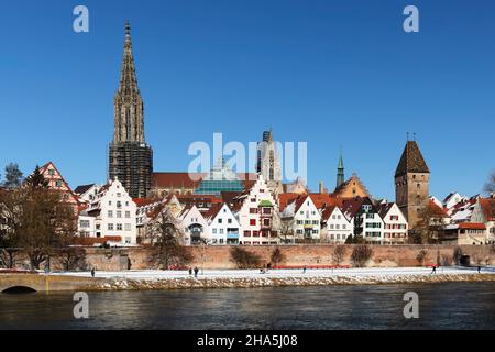 vista sul danubio fino al minster,ulm,baden-wuerttemberg,germania Foto Stock