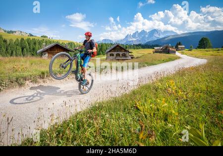 ciclista in e-bike tra le capanne della fuciade con la pallida catena montuosa di san martino sullo sfondo, comune di soraga,trento,trentino,italia Foto Stock