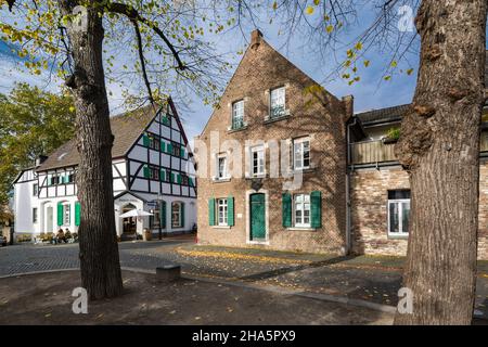 germania,monheim am rhein,bergisches terra,niederbergisches terra,niederberg,renania,renania settentrionale-vestfalia,renania settentrionale-vestfalia,vecchio municipio nella città vecchia,ex locanda,edificio in mattoni,a sinistra il ristorante tante tina,casa a graticcio con persiane verdi,alberi con colori autunnali Foto Stock
