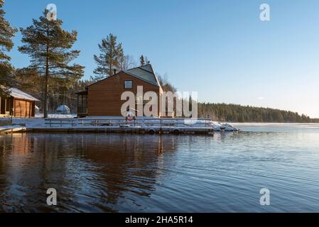 hotel complex jeris,lago jerisjärvi,parco nazionale pallas-yllästunturi,muonio,lapponia,finlandia Foto Stock