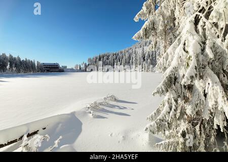 vista sul mummelsee fino al mummelseehotel in inverno, foresta nera, baden-wuerttemberg, germania Foto Stock