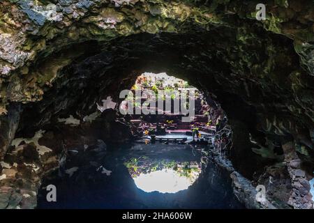 lago sotterraneo nel tunnel di lava, jameos del agua, sito artistico e culturale, costruito da césar manrique, artista spagnolo di lanzarote, 1919-1992, lanzarote, canari, isole canarie, spagna, europa Foto Stock