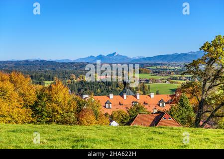 germania,baviera,alta baviera,terra di tölzer,eurasburg,castello di eurasburg contro wendelstein,vista da schlossberg Foto Stock