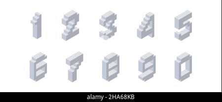 Numeri isometrici composti da blocchi grigi su sfondo bianco. Per la stampa e la decorazione di libri di testo.illustrazione vettoriale Illustrazione Vettoriale