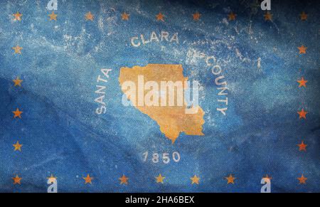 Vista dall'alto della contea retrò di Santa Clara, bandiera della California con texture grunge, USA, senza flagpole. Layout del progetto del piano. Contrassegna sfondo Foto Stock