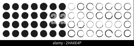 Set di elementi spazzole circolari. Diverse pennellate circolari. Grunge forme rotonde. Caselle, cornici per testo, etichette, logo, grunge. Illustrazione vettoriale Illustrazione Vettoriale