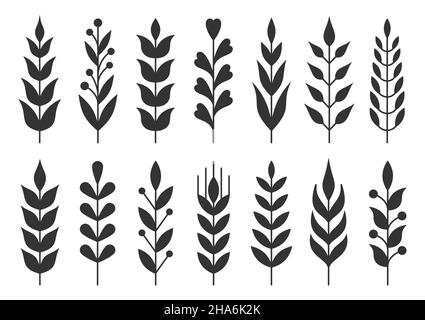 Set di silhouette color bacche color foglia branch nero. Pianta albero cespuglio vacanza invito cartolina elemento decorativo. Icona grafica vintage Organic Wild Natural pattern. Eco stampa matrimonio design isolato su bianco Illustrazione Vettoriale