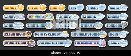 Set vettoriale di carta tagliata icone meteo, raccolta di lotti di varie illustrazioni di icone bianche decorative meteo, banner con varietà di gruppo isolato c Illustrazione Vettoriale