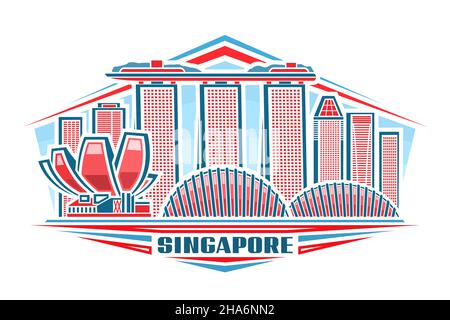 Illustrazione vettoriale di Singapore, logo orizzontale con design lineare paesaggio cittadino di singapore su sfondo cielo diurno, concetto artistico urbano asiatico con dic Illustrazione Vettoriale