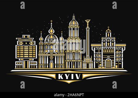 Illustrazione vettoriale di Kyiv, poster orizzontale scuro con disegno lineare famoso paesaggio urbano di kyiv su sfondo cielo stellato crepuscolo, linea urbana europea art c Illustrazione Vettoriale