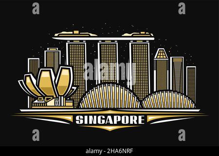 Illustrazione vettoriale di Singapore, poster orizzontale scuro con design lineare paesaggio cittadino di singapore su sfondo cielo crepuscolo, concetto di arte urbana asiatica Illustrazione Vettoriale