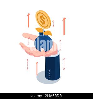 Flat 3D Isometric Businessman Hand Holding Coin Plant in Flower Pot with Rising Arrow. ROI Return on Investment (ritorno sugli investimenti) e Dividend Yield Concept. Illustrazione Vettoriale