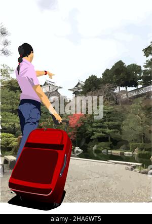 Immagine astratta del Giappone e ragazza con valigia. Illustrazione del vettore 3D Illustrazione Vettoriale