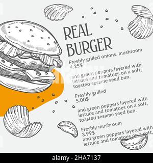 Menu di fast food con hamburger e patatine fritte. Bun con insalata e carne, formaggio e verdure. Menu di caffè o bistrot, disegno monocromatico con Illustrazione Vettoriale