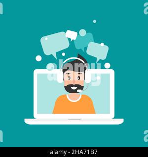 Operatore uomo su schermo laptop con cuffie e microfono. Illustrazione vettoriale piatta su sfondo blu. Uomo con cuffia su laptop. consulenza, j Illustrazione Vettoriale