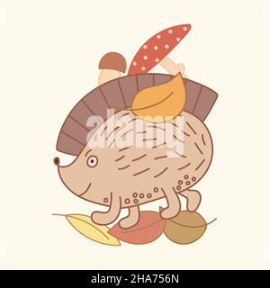 Hedgehog divertente disegnato a mano con funghi e foglie isolate. Illustrazione di stile Doodle. Illustrazione Vettoriale