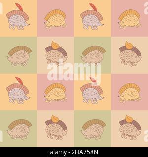Modello senza cuciture a scacchi con Hedgehog disegnato a mano. Illustrazione Vettoriale