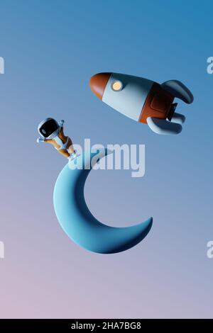 spaceboy che gaudì sulla luna a mezzaluna con il suo razzo nello spazio. Scienza e esplorazione dello spazio per bambini. Foto Stock