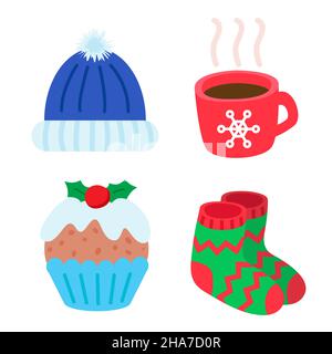 Set di elementi per le vacanze invernali. Buon Natale e Felice festa di Capodanno. Cappello caldo con pompon, tazza con caffè caldo, cupcake tradizionale e. Illustrazione Vettoriale