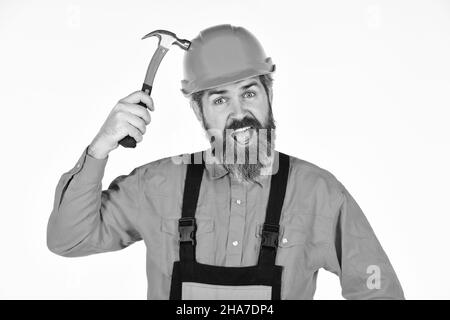 Impulso per i cambiamenti. Uomo maturo bearded in uniforme. Ragazzo con martello. Buon martello. Suggerimenti essenziali per un corretto utilizzo del martello. Requisiti per i progetti Foto Stock