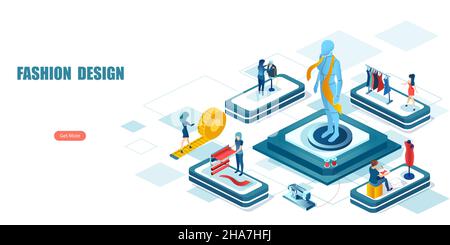 Vettore isometrico di un laboratorio di cucito, studio su misura, negozio di abbigliamento designer banner web Illustrazione Vettoriale