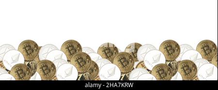 Crypto moneta confine monete, diverso bordo di denaro virtuale con bitcoin e etereo isolato su bianco. Foto Stock