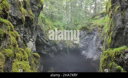 Vista dall'alto della gola tra le rocce nella foresta. Riprese in stock. Due scogliere ricoperte di muschio si aggrappano su una piccola gola con nebbia sullo sfondo della foresta. Gorge s Foto Stock