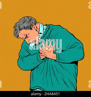 un uomo anziano dolore cardiaco, infarto miocardico crisi ipertensiva aritmia e altre malattie di cardiologia Illustrazione Vettoriale