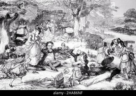 1870S UOMINI DONNE BAMBINI CANI CHE HANNO UN PIC-NIC IN UN GIORNO D'ESTATE - A7987 LAN001 HARS GIOIA LIFESTYLE CELEBRAZIONE FEMMINE COPIA SPAZIO AMICIZIA SIGNORE PERSONE MASCHI B&W ESTATE FELICITÀ TEMPO LIBERO AL FRESCO 19TH SECOLO 1870S PICNIC GIOVANI ELEGANTI INSIEME BIANCO E NERO VECCHIO STILE Foto Stock