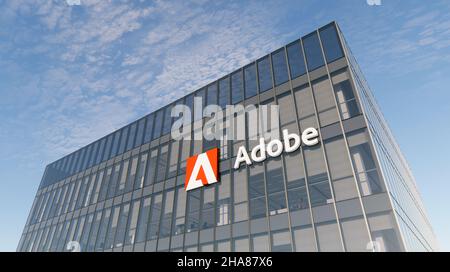 San Jose, California, Stati Uniti. 17 ottobre 2021, solo per uso editoriale, 3D CGI. Logo Adobe Signage sulla parte superiore dell'edificio in vetro. Workplace computer Software Company in H. Foto Stock