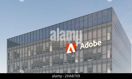 San Jose, California, Stati Uniti. 17 ottobre 2021, solo per uso editoriale, 3D CGI. Logo Adobe Signage sulla parte superiore dell'edificio in vetro. Workplace computer Software Company in H. Foto Stock