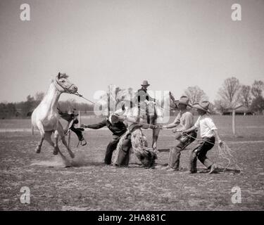 1920S COWBOYS DA QUATTRO UOMINI CHE HANNO DIFFICOLTÀ A ROMPERE IL TAMING E A METTERE UNA SELLA SU UN CAVALLO SELVAGGIO NON COOPERATIVO BRONCO BEST WESTERN - H1058 HAR001 HARS PERSONE SELLA MASCHI RISCHIO WESTERN PROFESSIONE TRASPORTO B&W COWBOYS AMPIO ANGOLO ROMPERE ABILITÀ OCCUPAZIONE ABILITÀ MAMMIFERI AVVENTURA FORZA CORAGGIO E BRONCO OPPORTUNITÀ DI LAVORO ECCITAMENTO CONOSCENZA POTENTE LAVORO A UN SU OCCUPAZIONE OCCUPAZIONI CONCETTUALI CHE ADORNANO MAMMIFERO MID-ADULT MID-ADULT UOMO CHE LOTTA NERO E BIANCO ETNIA CAUCASICA HAR001 CHE LAVORA VECCHIO STILE Foto Stock