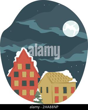 Notte d'inverno con luna piena e stelle nel cielo, edifici coperti di neve. Biglietti d'auguri per l'inverno e Natale, Capodanno e natale o invit Illustrazione Vettoriale