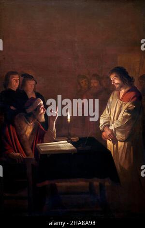 Cristo davanti al sommo sacerdote di Gerrit van Honthorst (Gerard van Honthorst: 1592-1656), olio su tela, c. 1617 Foto Stock